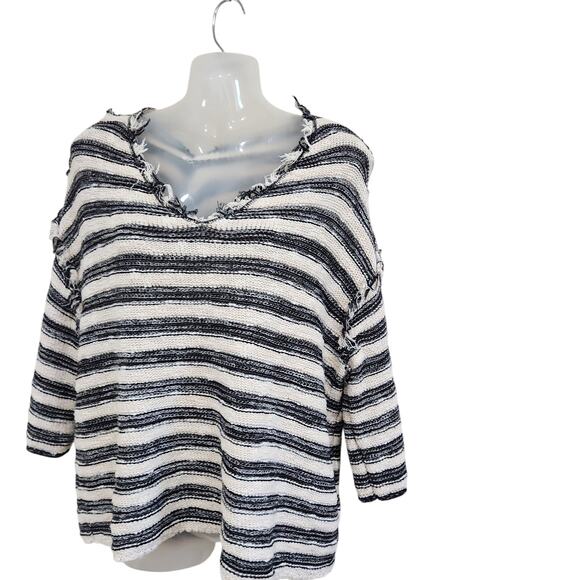 Free People Spells Trouble Stripe Pullover Sweater 3/4 Sleeve Ivory Black Small - Picture 2 of 11